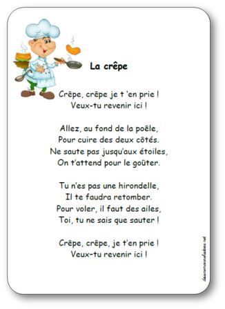 Crêpe, crêpe, je t'en prie 
Veux tu revenir ici!
Allez,  au fond de la poêle 
Pour cuire des deux côtés.
Ne saute pas 'jusqu'aux étoiles 
On t'attend pour le goûter.